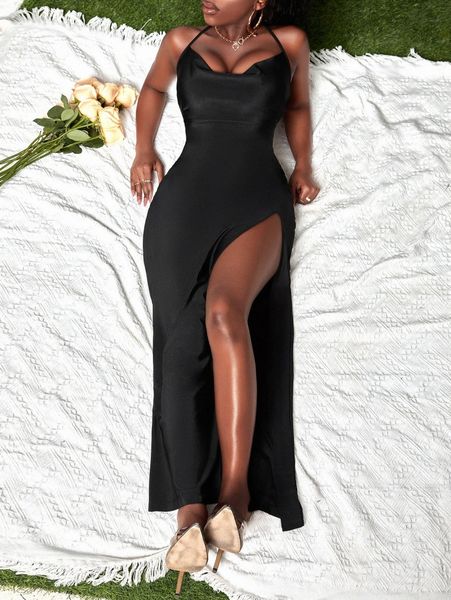 sxy cowl neck split thigh criss cross tie backless maxi cami dress q0iy#, Black;gray
sxy cowl neck split thigh criss cross tie backless maxi cami dress q0iy#, Black;gray