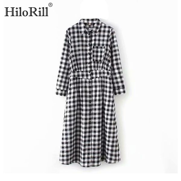 women plaid shirt long dress turn down collar elastic waist office pleated casual sleeve midi vestidos 210508, Black;gray
women plaid shirt long dress turn down collar elastic waist office pleated casual sleeve midi vestidos 210508, Black;gray