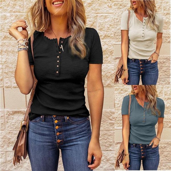 women's t-shirt casual wild fitting female short sleeve buttons down round neck solid color rib shirt for daily shopping streetwear, White
women's t-shirt casual wild fitting female short sleeve buttons down round neck solid color rib shirt for daily shopping streetwear, White