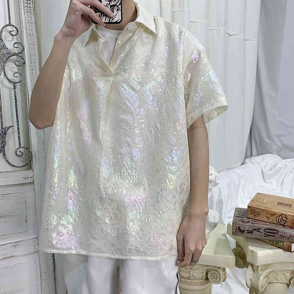 men's casual shirts shiny color summer short sleeve shirt men fashion loose for streetwear plus size pullover klo5, White;black
men's casual shirts shiny color summer short sleeve shirt men fashion loose for streetwear plus size pullover klo5, White;black