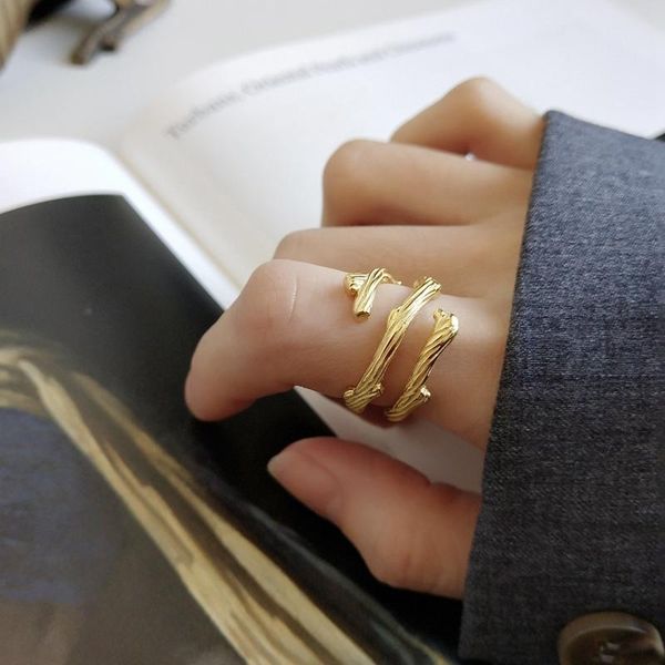 cluster rings tree vine gold ring real 925 sterling silver spiral wedding delicate women adjustable korean jewelry gift, Golden;silver