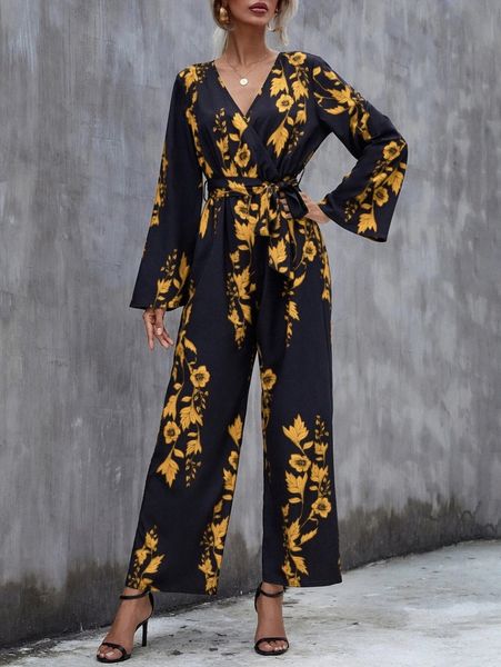 floral print belted jumpsuit a6dg#, White
