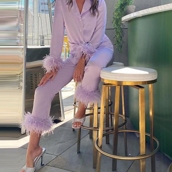 women's two piece pants 2021 chic feather detail lounge suits long sleeve button up & slim set for woman, White
women's two piece pants 2021 chic feather detail lounge suits long sleeve button up & slim set for woman, White