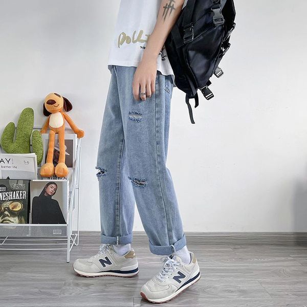 men's jeans design sense ripped summer thin straight loose trend light-colored ankle-length trousers, Blue
men's jeans design sense ripped summer thin straight loose trend light-colored ankle-length trousers, Blue
