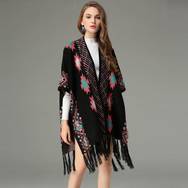 women's sweaters bohemian jacquard tassel knitted v neck cloak sweater women casual autumn winter streetwear jumpers sweter mujer 2021, White;black
women's sweaters bohemian jacquard tassel knitted v neck cloak sweater women casual autumn winter streetwear jumpers sweter mujer 2021, White;black