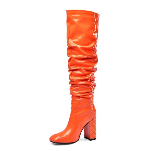 women knee high boots patent leather pleated square toe slip-on thick high heels shoes fashion spring/autumn boots women 210507, Black
women knee high boots patent leather pleated square toe slip-on thick high heels shoes fashion spring/autumn boots women 210507, Black