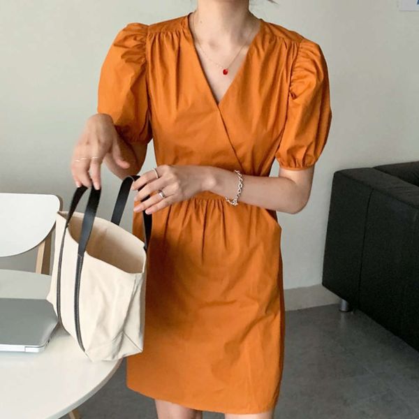 casual dresses dress women clothesniche versatile cross v-neck slim waist small bubble sleeve short skirt a7e0, Black;gray