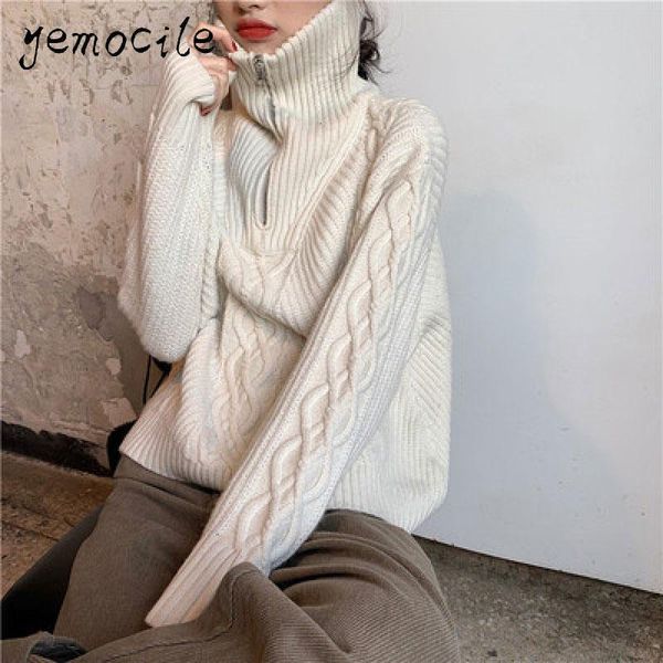 women's sweaters chic stand collar zipper up women 2021 autumn winter loose twist striped long sleeve female knitted pullovers, White;black
women's sweaters chic stand collar zipper up women 2021 autumn winter loose twist striped long sleeve female knitted pullovers, White;black