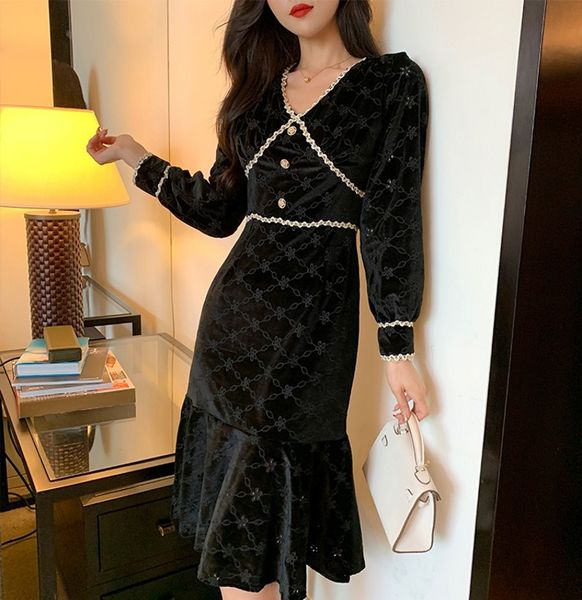office lady v neck lantern sleeve patchwork black pencil women spring elegant ol mermaid sheath velvet dresses 210514, Black;gray
office lady v neck lantern sleeve patchwork black pencil women spring elegant ol mermaid sheath velvet dresses 210514, Black;gray