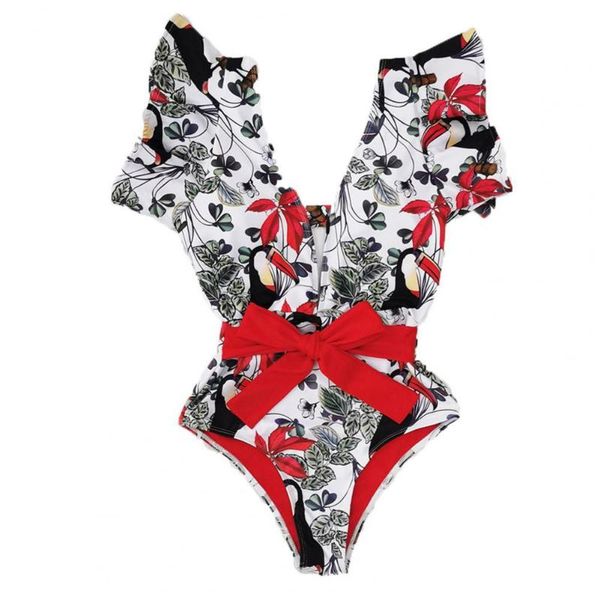 women's swimwear summer women ruffle sleeve for beach 1pcs monikini deep v neck floral print swimsuit, White;black
women's swimwear summer women ruffle sleeve for beach 1pcs monikini deep v neck floral print swimsuit, White;black