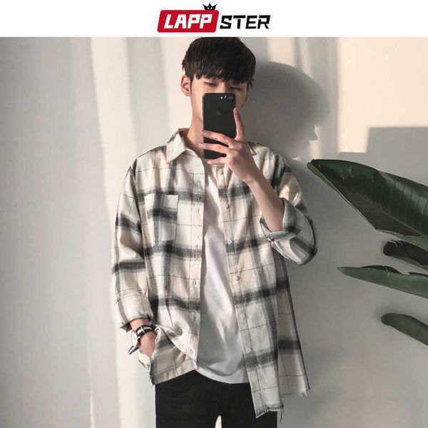 lappster men hip hop plaid shirts male korean fashion streetwear white loose vintage oversized clothing 210809, White;black
lappster men hip hop plaid shirts male korean fashion streetwear white loose vintage oversized clothing 210809, White;black