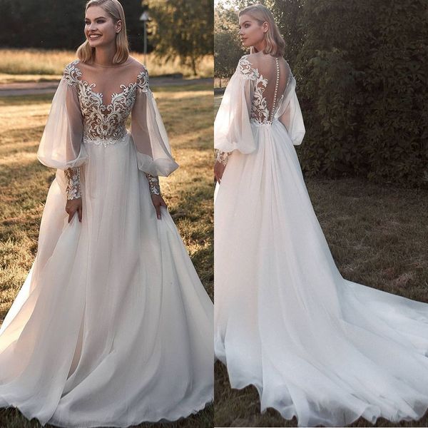 white wedding dress lace a-line long lantern sleeve o neck bridal gowns illusion button appliques bride dresses
white wedding dress lace a-line long lantern sleeve o neck bridal gowns illusion button appliques bride dresses