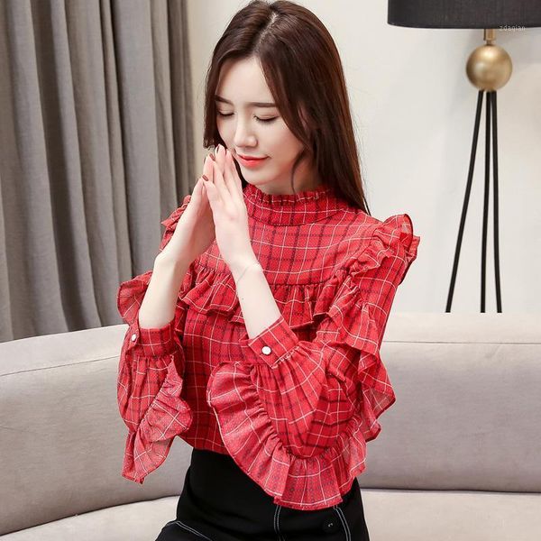 women's blouses & shirts chiffon shirt long sleeve 2021 spring fashion plaid butterfly ruffled sweet kawaii ladies blouse, White
women's blouses & shirts chiffon shirt long sleeve 2021 spring fashion plaid butterfly ruffled sweet kawaii ladies blouse, White