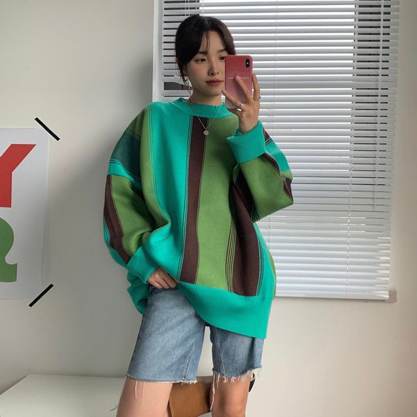 new autumn and winter oversize lazy wind color matching striped sweater womens new long sleeve knit pullover, White;black
new autumn and winter oversize lazy wind color matching striped sweater womens new long sleeve knit pullover, White;black
