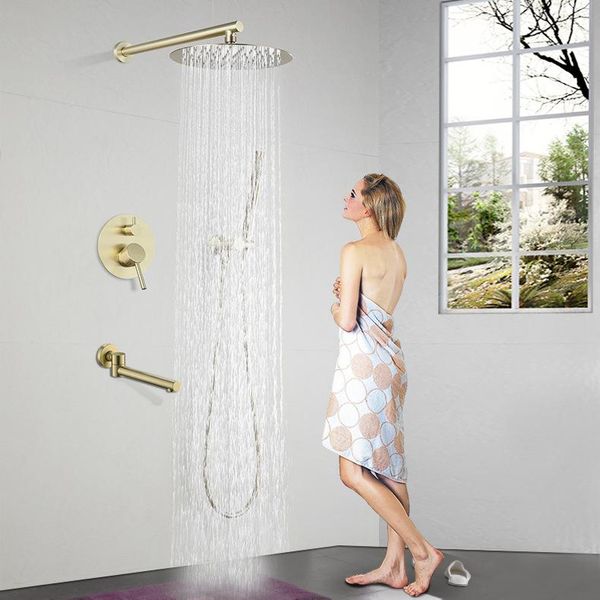 brushed gold brass 10 inch bathroom shower faucet set three/two functions copper wall mounted sets