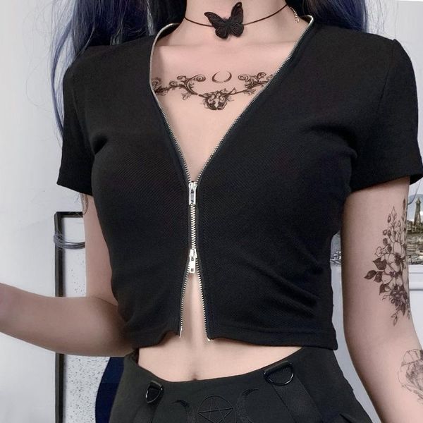 women's t-shirt 2021 cardigan double zipper v-neck tight navel short sleeve femal fashion black top, White 
women's t-shirt 2021 cardigan double zipper v-neck tight navel short sleeve femal fashion black top, White
