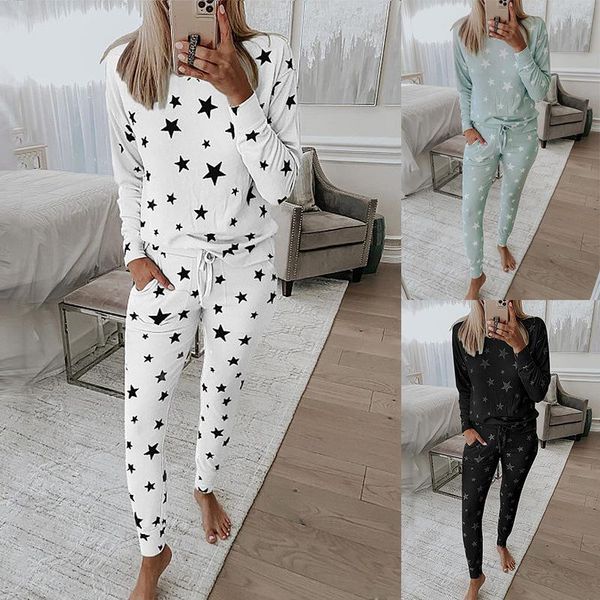 five-pointed star print long-sleeve casual home dress set female pajamas women women's two piece pants, White
five-pointed star print long-sleeve casual home dress set female pajamas women women's two piece pants, White
