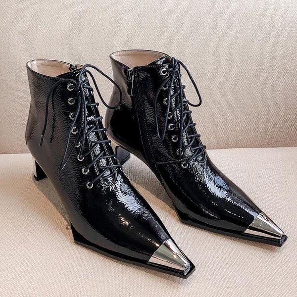 boots 2021 stylish women front lace up pointed toe ankle metal decor black white shoes side zip spring autumn botas mujer
boots 2021 stylish women front lace up pointed toe ankle metal decor black white shoes side zip spring autumn botas mujer