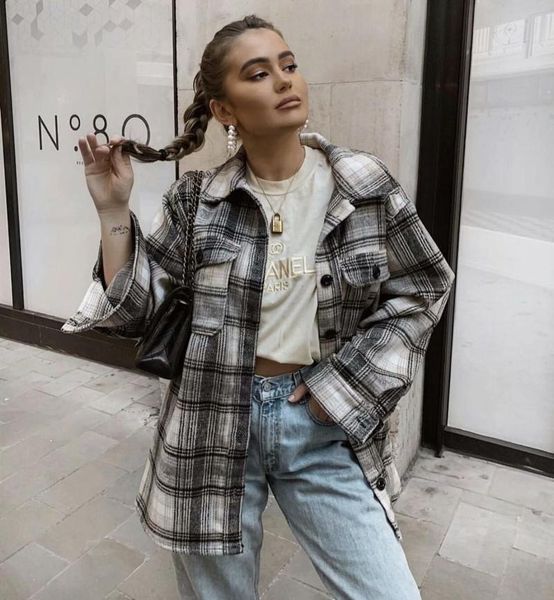 women tweed coat with turn-down collar plaid print high street fashion jacket femme casual loose oversize women's wool & blends, Black
women tweed coat with turn-down collar plaid print high street fashion jacket femme casual loose oversize women's wool & blends, Black