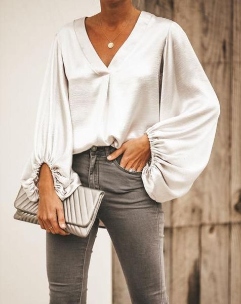 women oversized loose puff sleeve blouse shirt ladies v neck baggy plain tee women's blouses & shirts, White
women oversized loose puff sleeve blouse shirt ladies v neck baggy plain tee women's blouses & shirts, White
