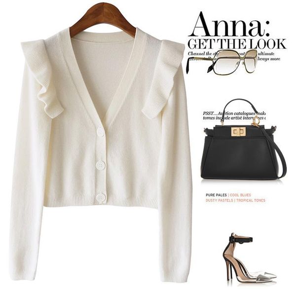 stitching ruffled v-neck cashmere short sweater cardigan 2021 spring women's sweaters, White;black
stitching ruffled v-neck cashmere short sweater cardigan 2021 spring women's sweaters, White;black