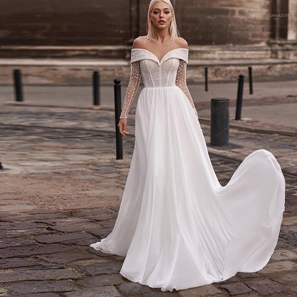 other wedding dresses graceful simple a line chiffon dress off the shoulder long sleeves bohemian bridal elegant robe de mariee1, White
other wedding dresses graceful simple a line chiffon dress off the shoulder long sleeves bohemian bridal elegant robe de mariee1, White