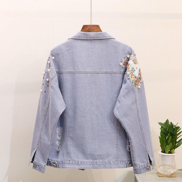 women's jackets autumn 2021 loose fit denim jacket women ripped hole sequins beading short long sleeve turn down collar coat, Black;brown
women's jackets autumn 2021 loose fit denim jacket women ripped hole sequins beading short long sleeve turn down collar coat, Black;brown