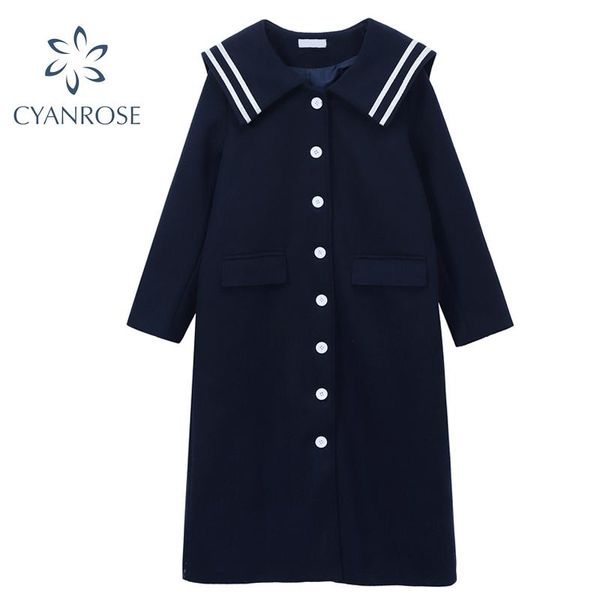women's wool & blends vintage sailor collar long woolen coat women 2021 autumn winter single breasted blend overcoat oversize female ou, Black
women's wool & blends vintage sailor collar long woolen coat women 2021 autumn winter single breasted blend overcoat oversize female ou, Black