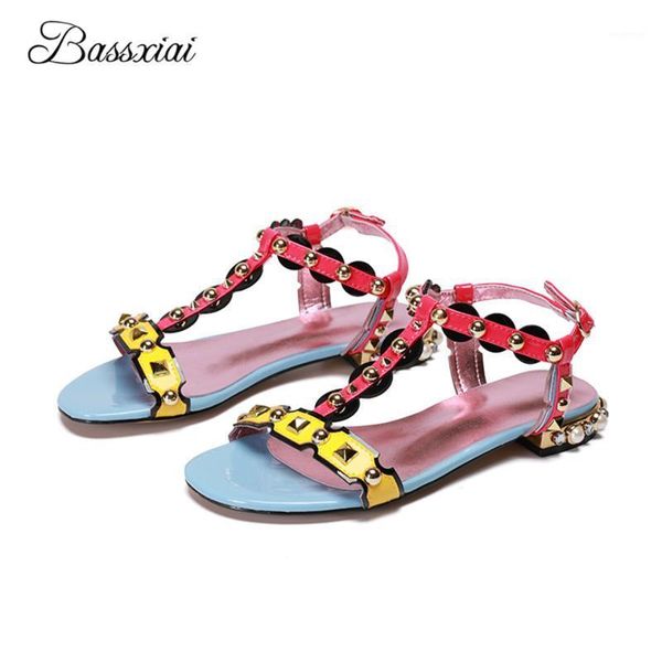 sandals mixed color t-strap flat beach women patent leather open toe rivet pearl decor summer sandalias mujer1, Black
sandals mixed color t-strap flat beach women patent leather open toe rivet pearl decor summer sandalias mujer1, Black