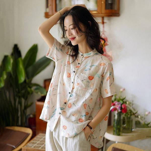 women's blouses & shirts summer women chic all-match ramie floral print round neck short sleeve female elegant vintage office lady, White
women's blouses & shirts summer women chic all-match ramie floral print round neck short sleeve female elegant vintage office lady, White