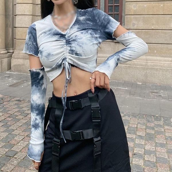 women's fashion tie dye v-neck drawstring open navel slim fit short t-shirt long sleeve split cut street hip hop style, White
women's fashion tie dye v-neck drawstring open navel slim fit short t-shirt long sleeve split cut street hip hop style, White
