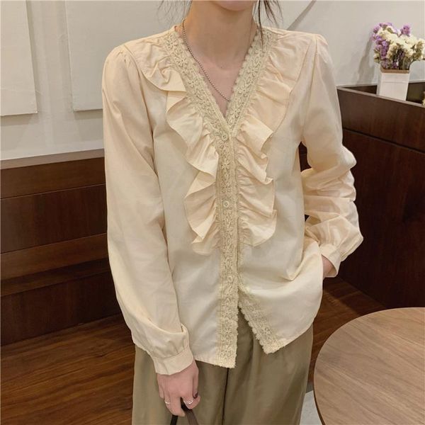 women's blouses & shirts korean button down solid long sleeve workwear lace hollow out v neck ruffle black shirt loose casual blusa, White
women's blouses & shirts korean button down solid long sleeve workwear lace hollow out v neck ruffle black shirt loose casual blusa, White