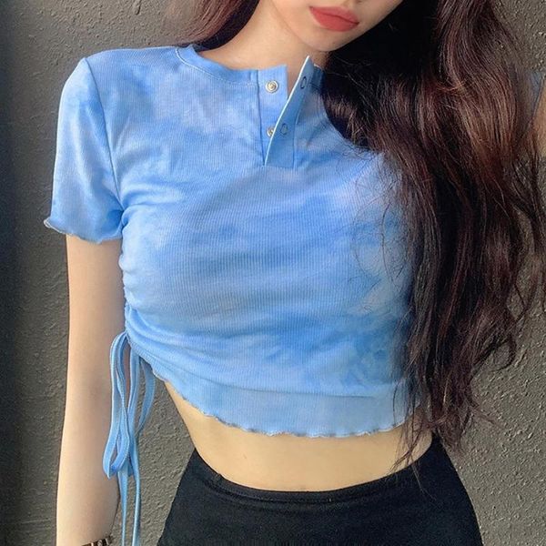women's t-shirt women short sleeve ruched drawstring wavy edges tie dye crop top, White
women's t-shirt women short sleeve ruched drawstring wavy edges tie dye crop top, White