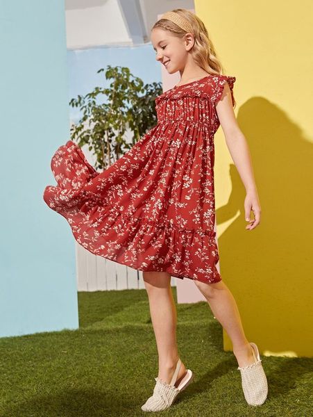 girls floral print ruffle hem dress she01, Red;yellow