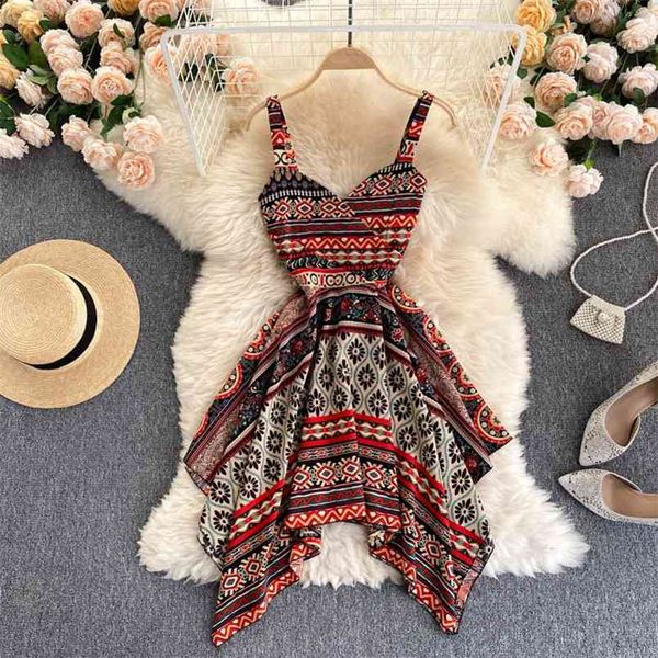 retro printing vacation vestidos women's summer dress v-neck irregular slim short sling midi gk836 210506, Black;gray 
retro printing vacation vestidos women's summer dress v-neck irregular slim short sling midi gk836 210506, Black;gray