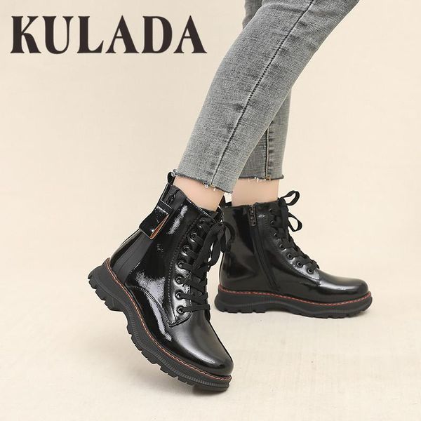 boots kulada motorcycle ankle low heel fashion style winter women biker patent leather thick fur, Black
boots kulada motorcycle ankle low heel fashion style winter women biker patent leather thick fur, Black
