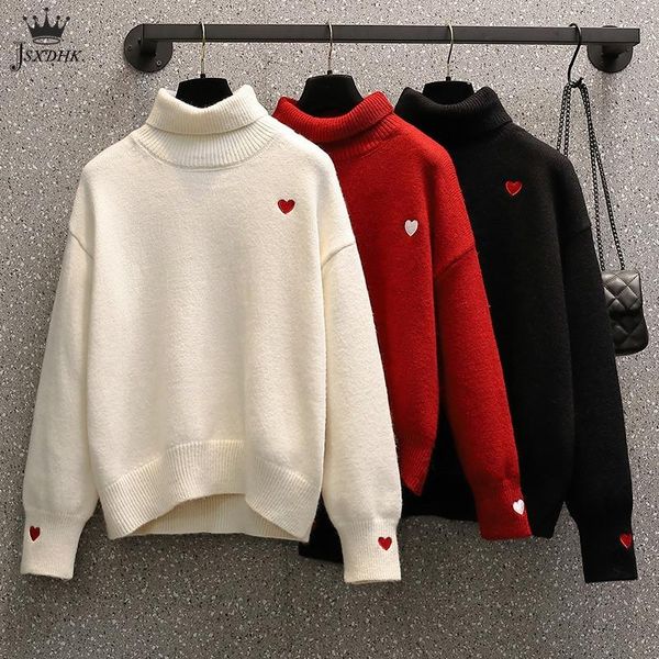 women's sweaters 2021 autumn winter elegant knitted pullover women turtleneck long sleeve heart embroidery thick sweater jumper, White;black
women's sweaters 2021 autumn winter elegant knitted pullover women turtleneck long sleeve heart embroidery thick sweater jumper, White;black