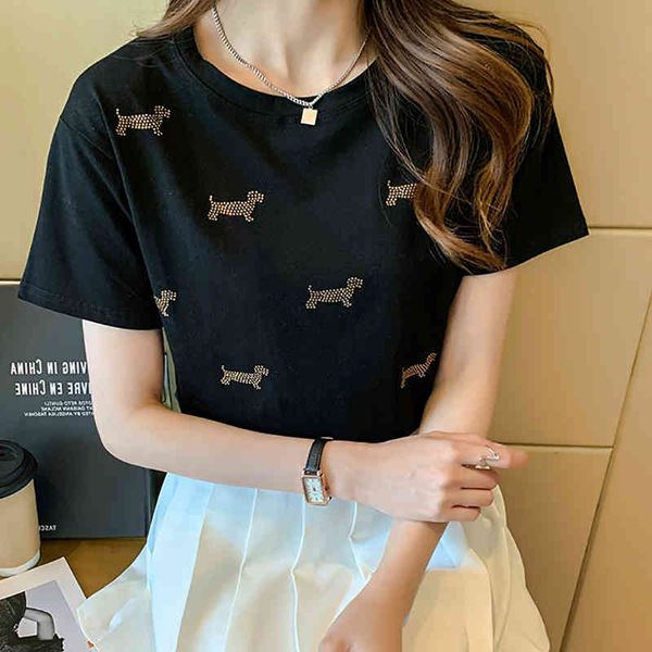 women's t-shirt female cotton t-shirt with diamonds, korean fashion casual short sleeves for the summer t6y1, White
women's t-shirt female cotton t-shirt with diamonds, korean fashion casual short sleeves for the summer t6y1, White