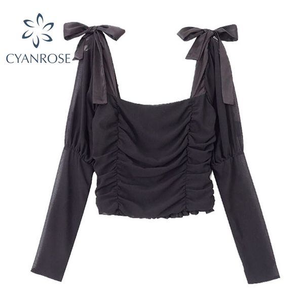 chiffon long sleeve blouses women draped bownot design black shirts female square collar party club slim blusas 210430, White
chiffon long sleeve blouses women draped bownot design black shirts female square collar party club slim blusas 210430, White