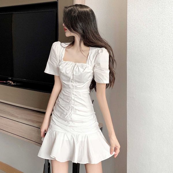 little white slim dress french pleated square neck drawstring short women's 2021 summer, Black;gray
little white slim dress french pleated square neck drawstring short women's 2021 summer, Black;gray