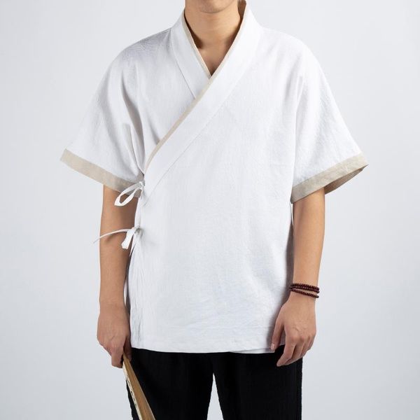 men's casual shirts chinese style lace-up cotton linen hanfu short sleeve loose shirt male costume, White;black
men's casual shirts chinese style lace-up cotton linen hanfu short sleeve loose shirt male costume, White;black