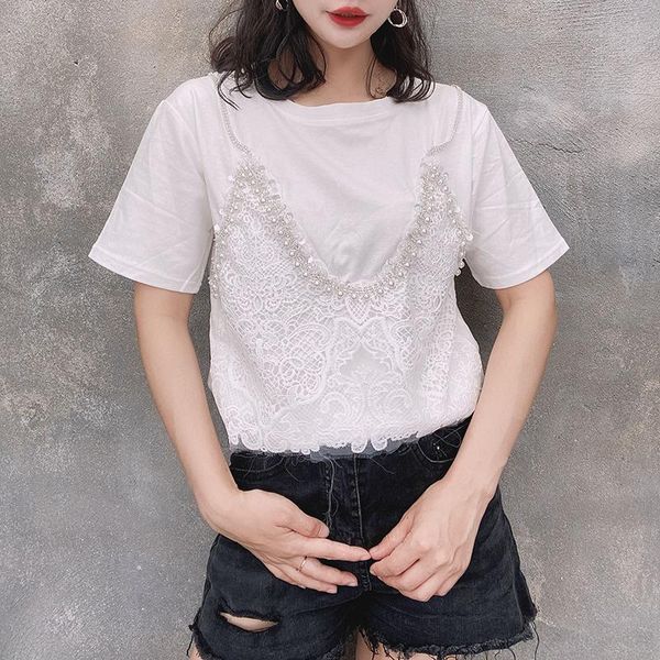 women's t-shirt 2021 summer lace stitching tee fake two-piece beads rhinestones short-sleeved women loose camisetas de mujer, White
women's t-shirt 2021 summer lace stitching tee fake two-piece beads rhinestones short-sleeved women loose camisetas de mujer, White