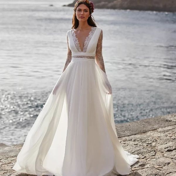 bohemian wedding dress long sleeve a-line lace bridal gowns illusion bodice simple empire floor-length deep v neck princess gown, White
bohemian wedding dress long sleeve a-line lace bridal gowns illusion bodice simple empire floor-length deep v neck princess gown, White