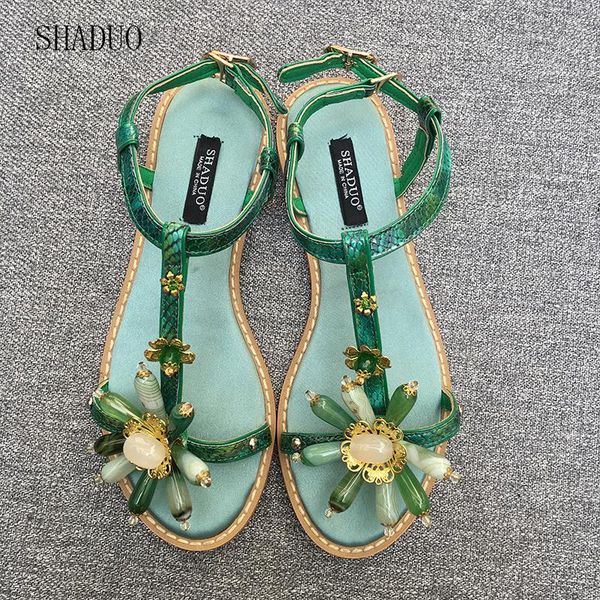 women's vintage style leather stitching natural green agate stone flat sandals buckle, Black
women's vintage style leather stitching natural green agate stone flat sandals buckle, Black