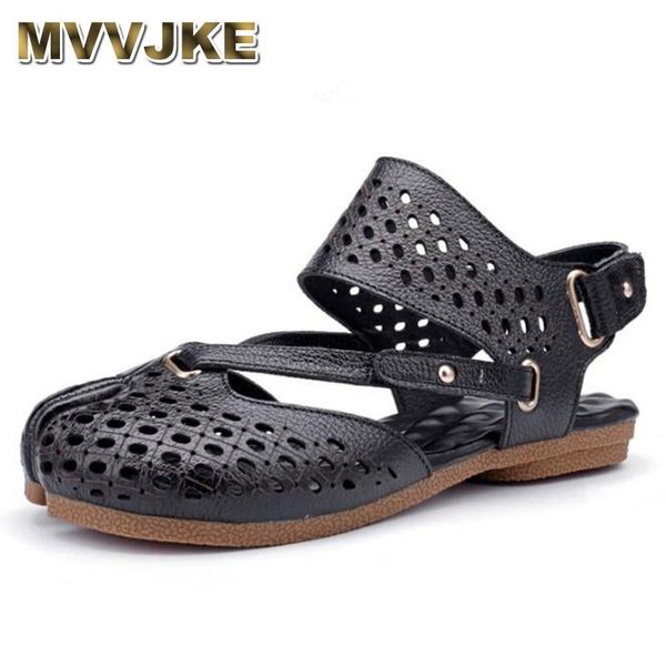 summer style shoes soft comfortable genuine leather sandals flat bottom hollow women, Black