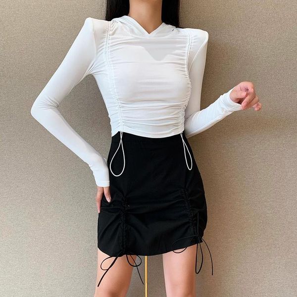 women's t-shirt spring fashion slim cute solid color pleated long sleeve tee sml woman casual short skinny hooded lady crop top, White
women's t-shirt spring fashion slim cute solid color pleated long sleeve tee sml woman casual short skinny hooded lady crop top, White