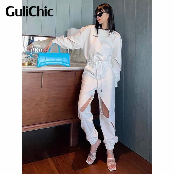 women's two piece pants 8.24 gulichic women round neck long sleeve short sweatshirt or letter print hollow out casual set, White
women's two piece pants 8.24 gulichic women round neck long sleeve short sweatshirt or letter print hollow out casual set, White