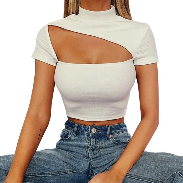 women's t-shirt women cut out crop mock neck short sleeve solid slim fit knit tee for daily rave party clubwear, White
women's t-shirt women cut out crop mock neck short sleeve solid slim fit knit tee for daily rave party clubwear, White