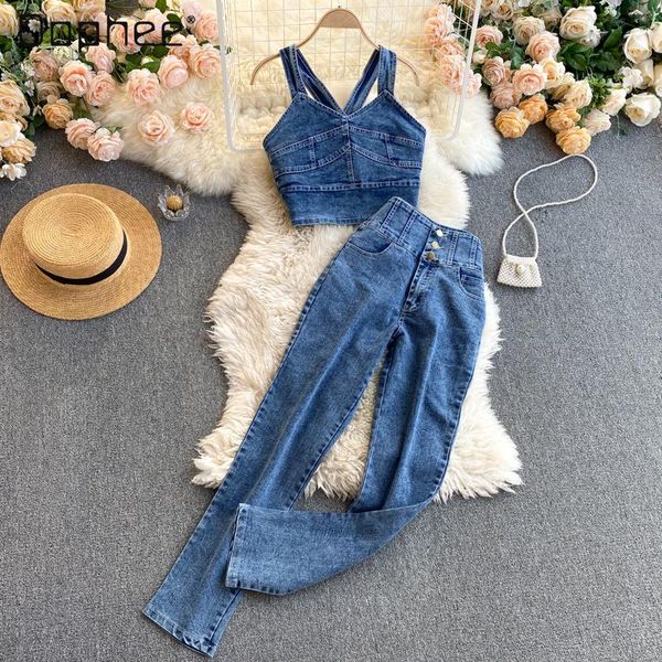 amoi sling denim vest women's high waist slim straight jeans two-piece suit two piece pants, White
amoi sling denim vest women's high waist slim straight jeans two-piece suit two piece pants, White