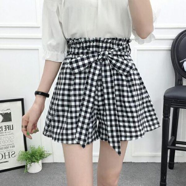 women's shorts uppin retro bow plaid houndstooth elastic waist lady summer casual fashion, White;black
women's shorts uppin retro bow plaid houndstooth elastic waist lady summer casual fashion, White;black